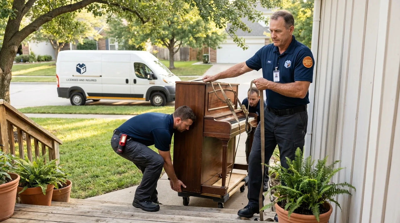 Licensed piano movers securing grand piano in Ash Grove, MO