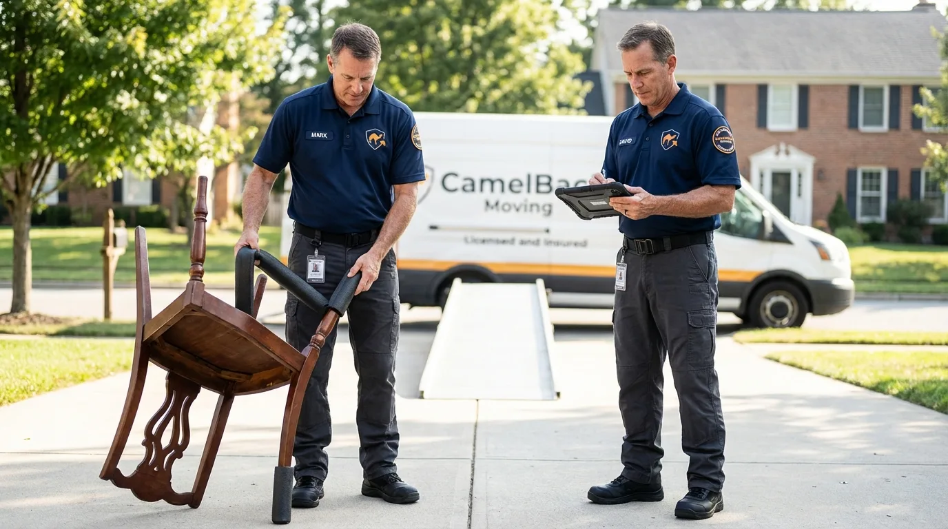 Movers inspecting furniture for damage prevention before loading in Ash Grove, MO