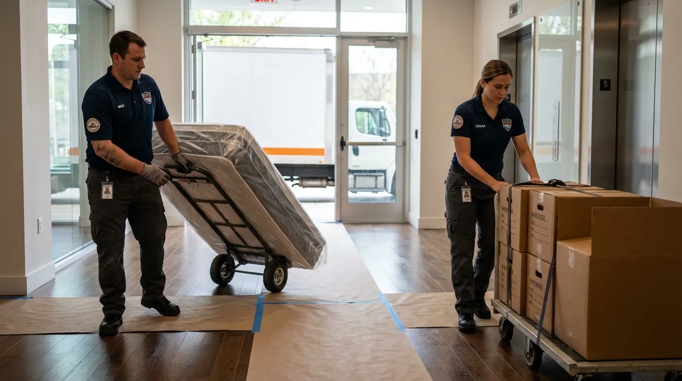 Professional apartment movers loading elevator in Ash Grove, MO